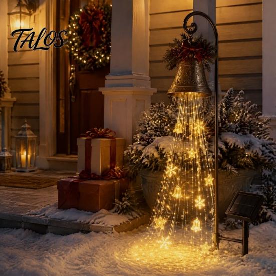 Decorative Lawn Bells for Christmas Solar Bell Waterfall Light, LED Metal Garden Stake with Red Ribbon, Powered Yard Accents Auto On/Off, Waterproof