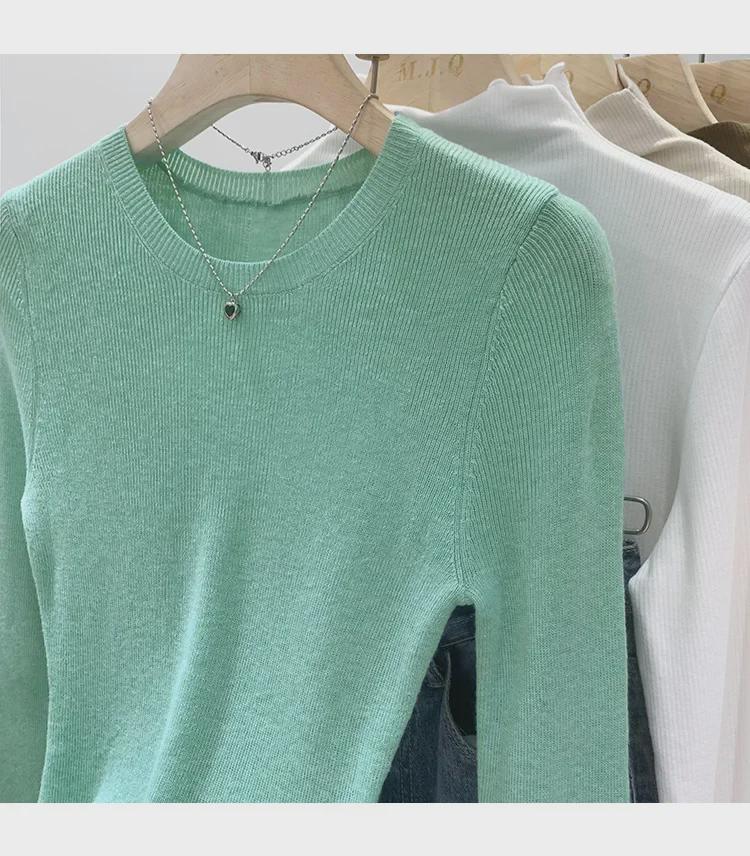 Pulover Tricotat Verde Mentă cu Gât Rotund pentru Femei - Croială Slim, Mânecă Lungă, Top Transparent de Primăvară/Toamnă