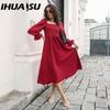 IHUASU Vestido Midi de Primavera Verano para Mujer, Mangas Acampanadas, Corte A, Cuello Cuadrado, Cintura Alta, Color Sólido, S-XL