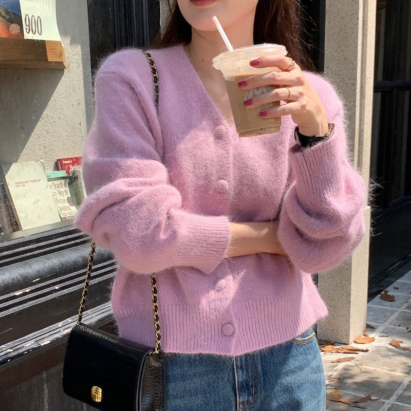 Autumn Winter Women's Knitted Cardigan Women V-Neck Short Solid Sweater Coat Korean Simple Casual Long Sleeve Tops