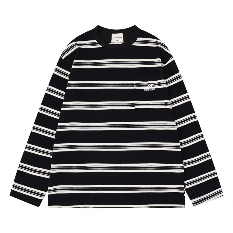 Mens Striped Color Block Long Sleeve T Shirt Loose Fit Casual Street Style