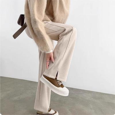 Women's Autumn/Winter 2025 Herringbone Fleece-Lined Wide-Leg Split Pants