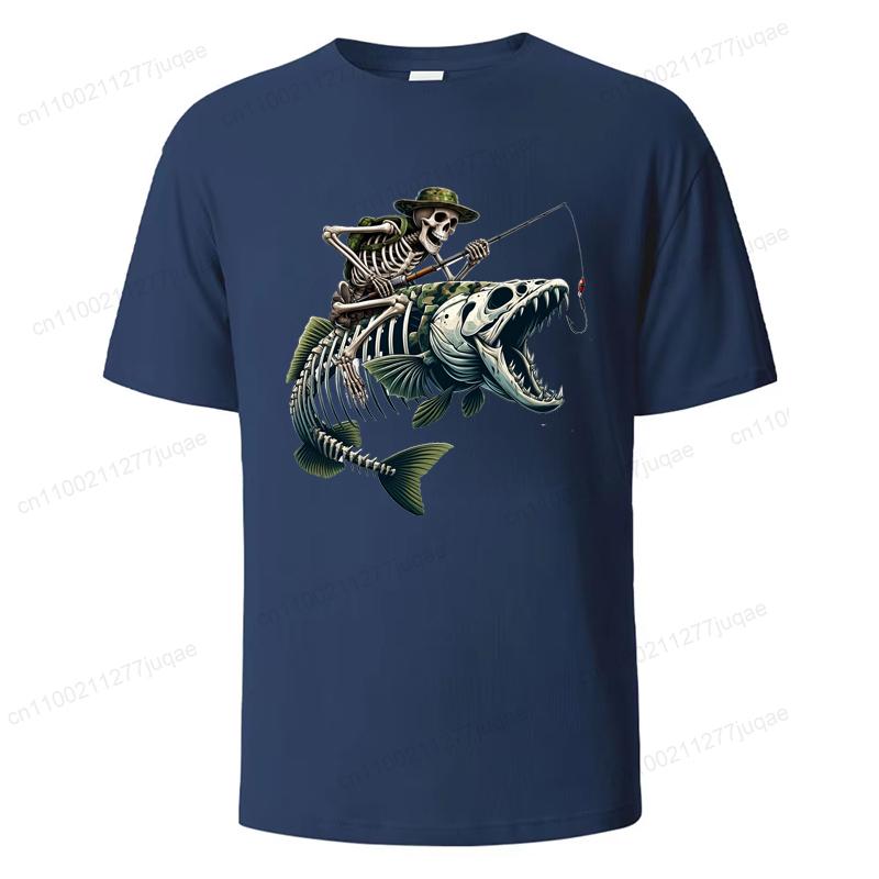 Herren Sommer T-Shirts Lockere Größe Angeln Jäger Print Lässig Bequem Rundhals Kurzarm T-Shirt Fischskelett Herren Top
