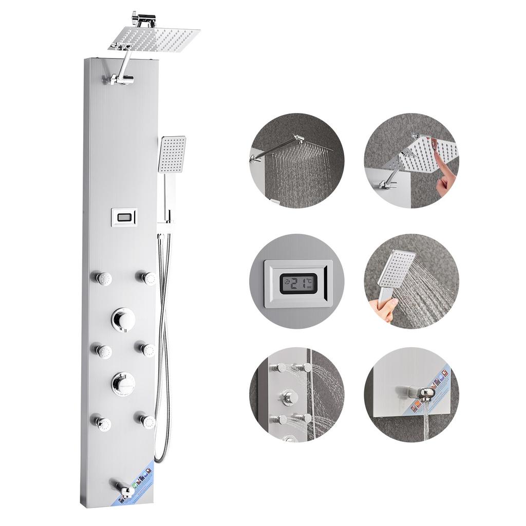 VEVOR Shower Panel Tower System with Rainfall Shower Head, LED, 49 in Brushed Stainless Steel Shower Column, 4-Function Faucet