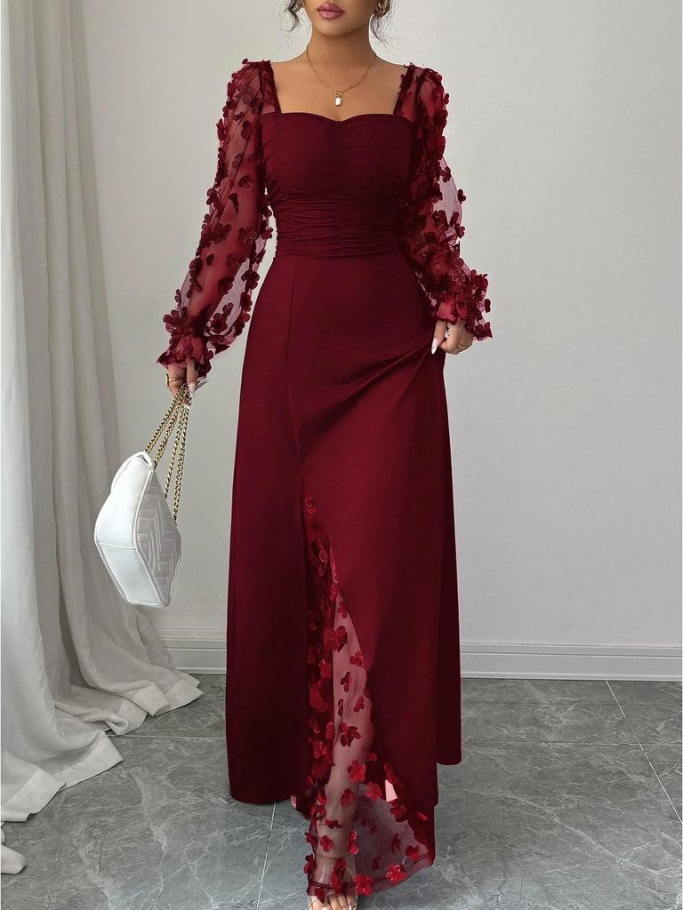 Cross-border Spring/Summer Mesh Long Sleeve Evening Gown with Waist-Cinching Slit and 3D Floral Design for Banquets