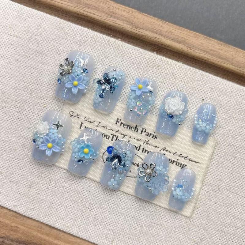 Short Almond Press-On Nails Handmade Blue Daily Wear Nail Art Women Girls Medium