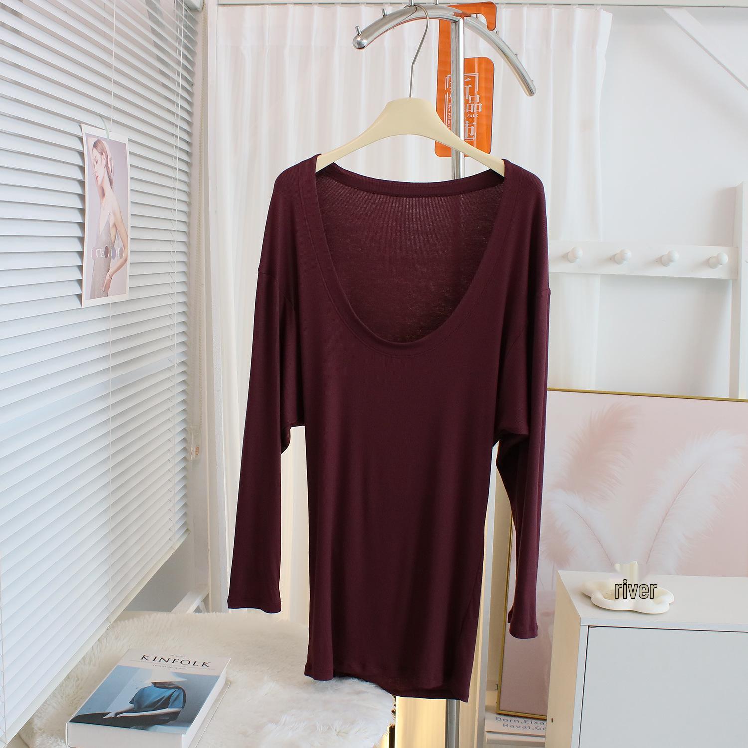 

Women s Stylish U-neck Bodycon T-shirt Dress: Stretchy, Slim-fit, Long Sleeve Ribbed Cotton for Spring/Autumn. Large вино красного