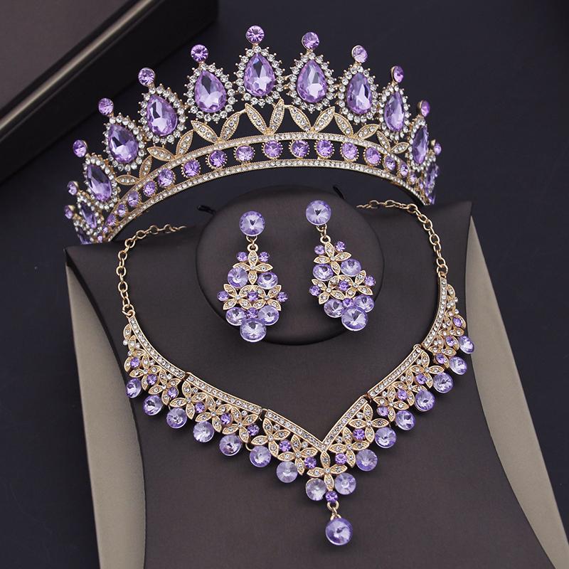 Baroque Blue Crystal Bridal Jewelry Sets for Women Tiaras Crown Earrings Necklace Sets Bride Wedding Dress Dubai Jewelry Set