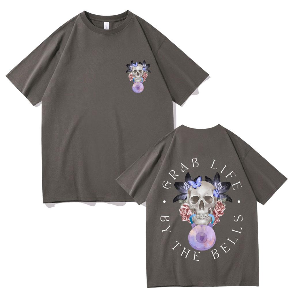 Grab Life By The Bells Gym Pump Cover T-shirt Men's Funny Kettlebell Skeleton Short Sleeve Male Fashion Casual Oversized Tees