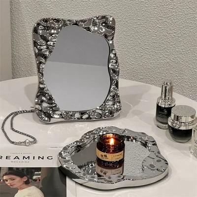 Vintage Irregular Mirror Wavy Edge Makeup Mirror & Room Decoration Desktop Decor Trays Desktop Decor Organizer for Bedroom Gifts