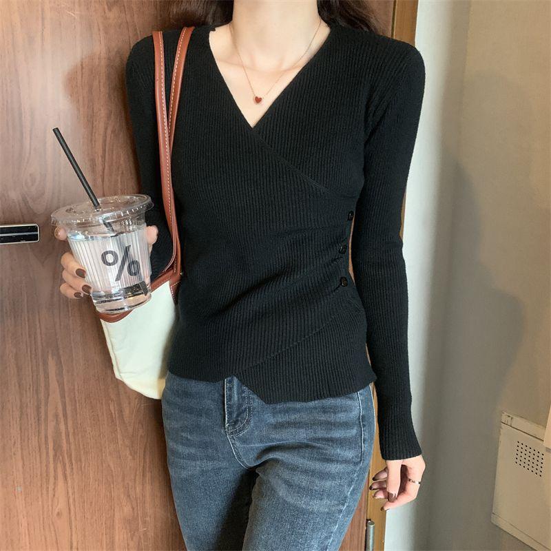 Sweater for Women Pullovers Ribbed Knit V-Neck Long Sleeve Button Side Plain Fall Winter Basic Outfit Tops