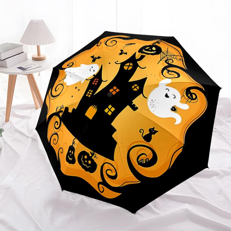 1pc The Ghost of the Haunted House On Halloween Automatic Folding Umbrella, Lightweight Retractable Compact Travel Umbrella, 8-Rib Sturdy Frame091