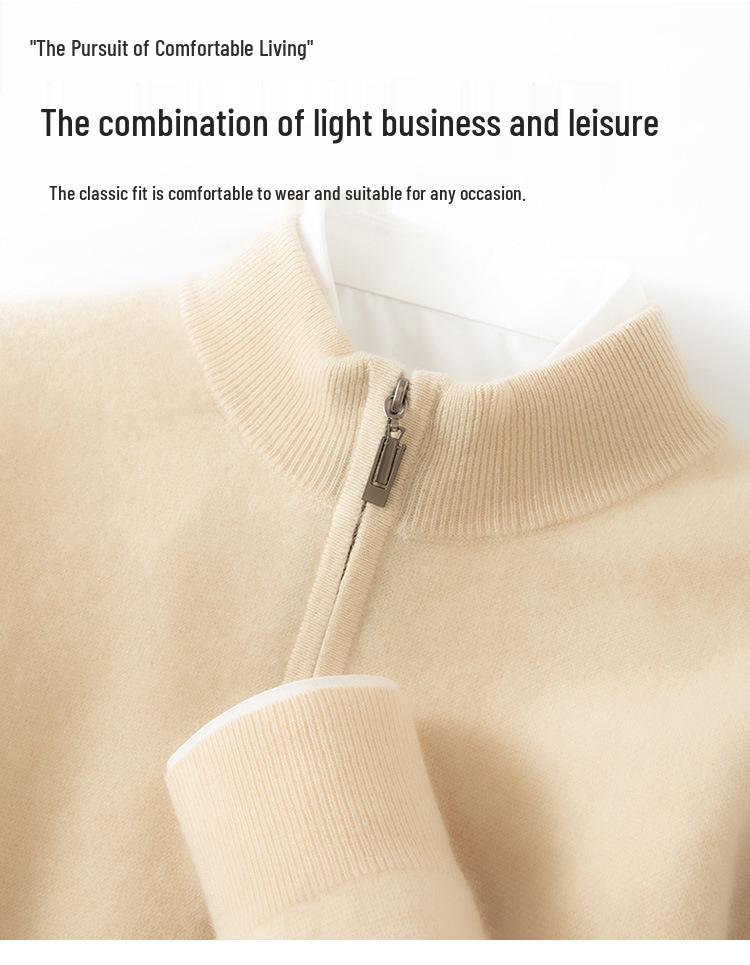 Men's Cashmere Zipper Knit Cardigan - Half-High Collar, Solid Color, Long Sleeve, Versatile Autumn/Winter Sweater.