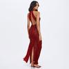 Womens Halter Backless Printed Maxi Dress Sexy Slim Fit Split With Ribbon Streetwear