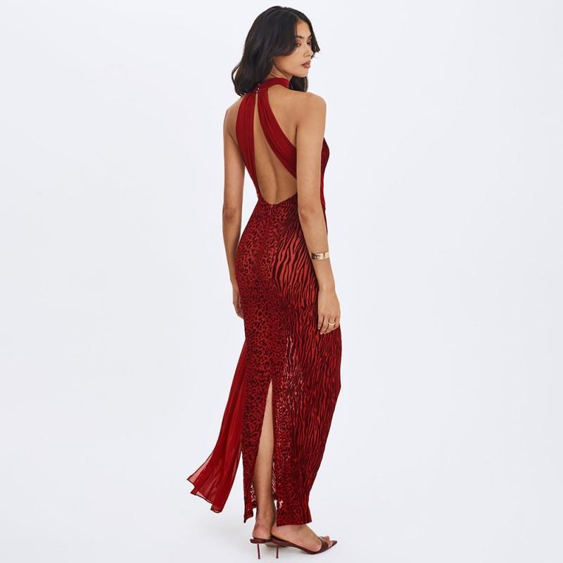 Womens Halter Backless Printed Maxi Dress Sexy Slim Fit Split With Ribbon Streetwear