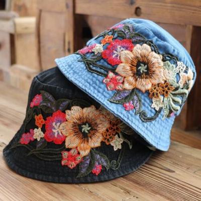 Women Embroidered Floral Denim Bucket Hat Retro Style Ethnic Casual Cowgirl Cap