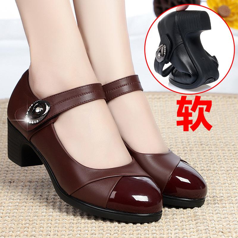 Fashion Autumn New Women's High Heels Fashion Round Toe Shallow Hook & Loop Pumps Soft Bottom Block Heel Middle-aged Mom Leather Shoes