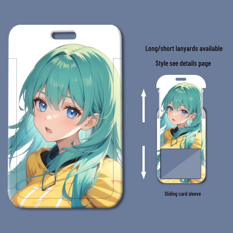 Female Rakugo Cartoon Sliding Cover Card Holder for School, Work ID, Meal Card, and Access Control