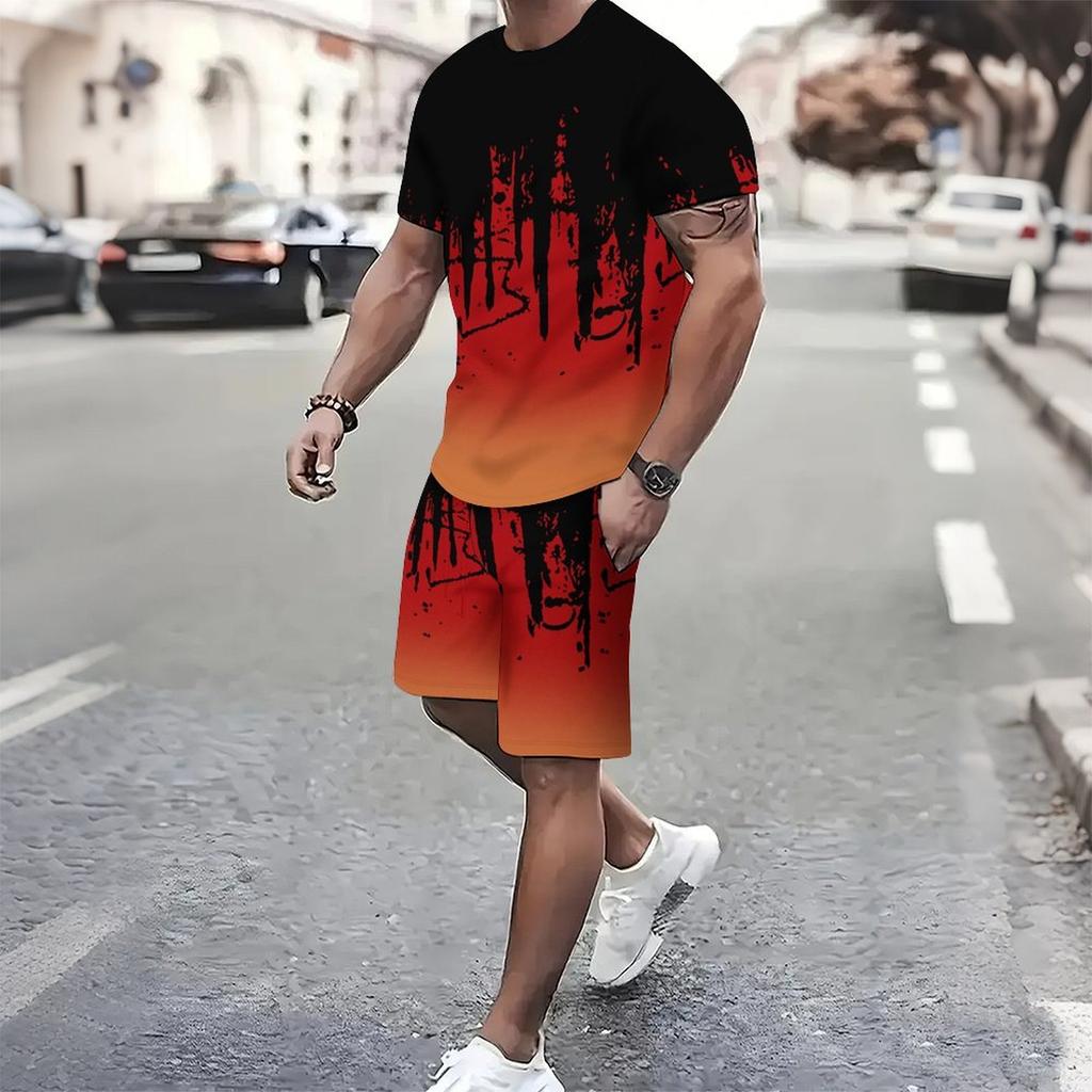 Men Earth Tone Distressed Square Block Print Short Sleeve Tee And Matching Shorts Two Piece Outfit