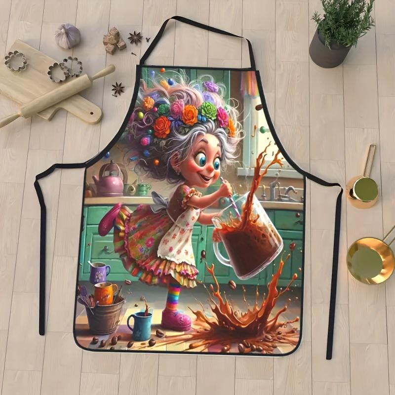 1pc Grandma Floral Dress Cooking Apron with Whimsical Cartoon Design - Durable Polyester Kitchen Apron for Baking