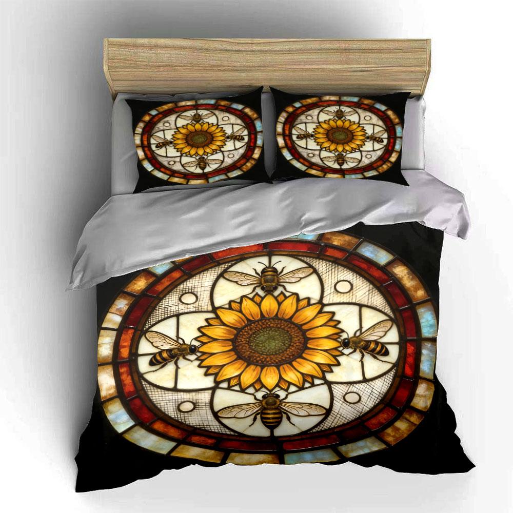 Sunflower Bee Design Decor Set Soft Comfortable Duvet Cover Bedding Set Included 1*Duvet Cover & 2*Pillowcases, Gift
