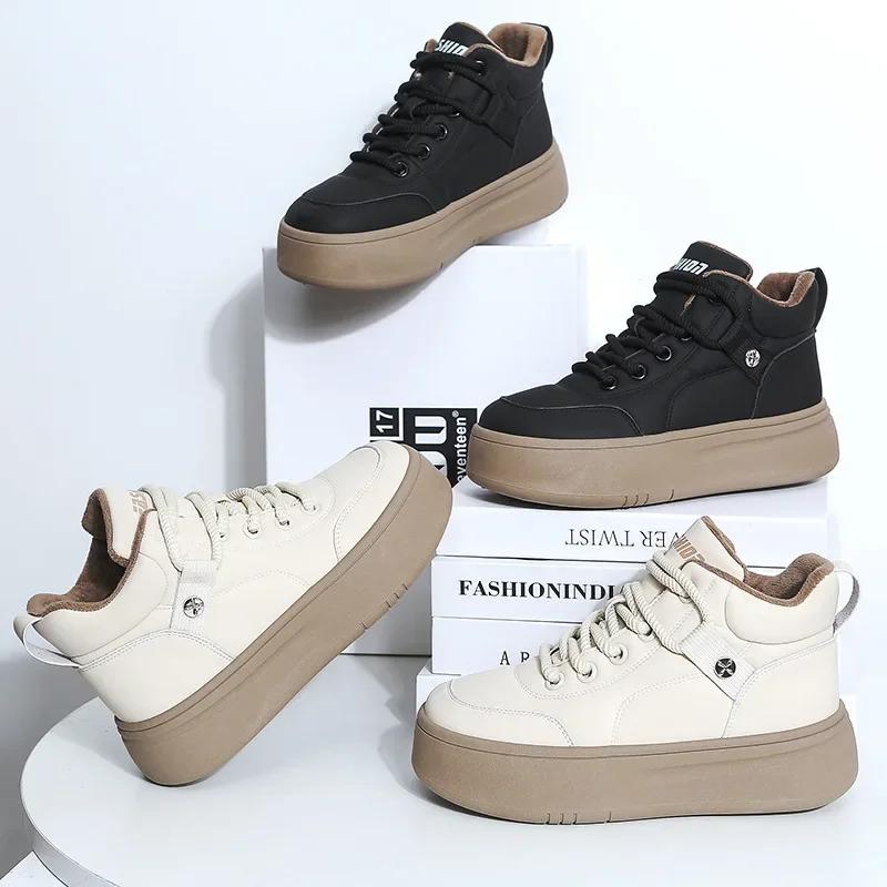 Fashion Women's High Top Vulcanized Shoes Autumn Winter Lace Up Soft Leather Plus Velvet Warm Cotton Shoes Thick Sole Leisure Sneakers