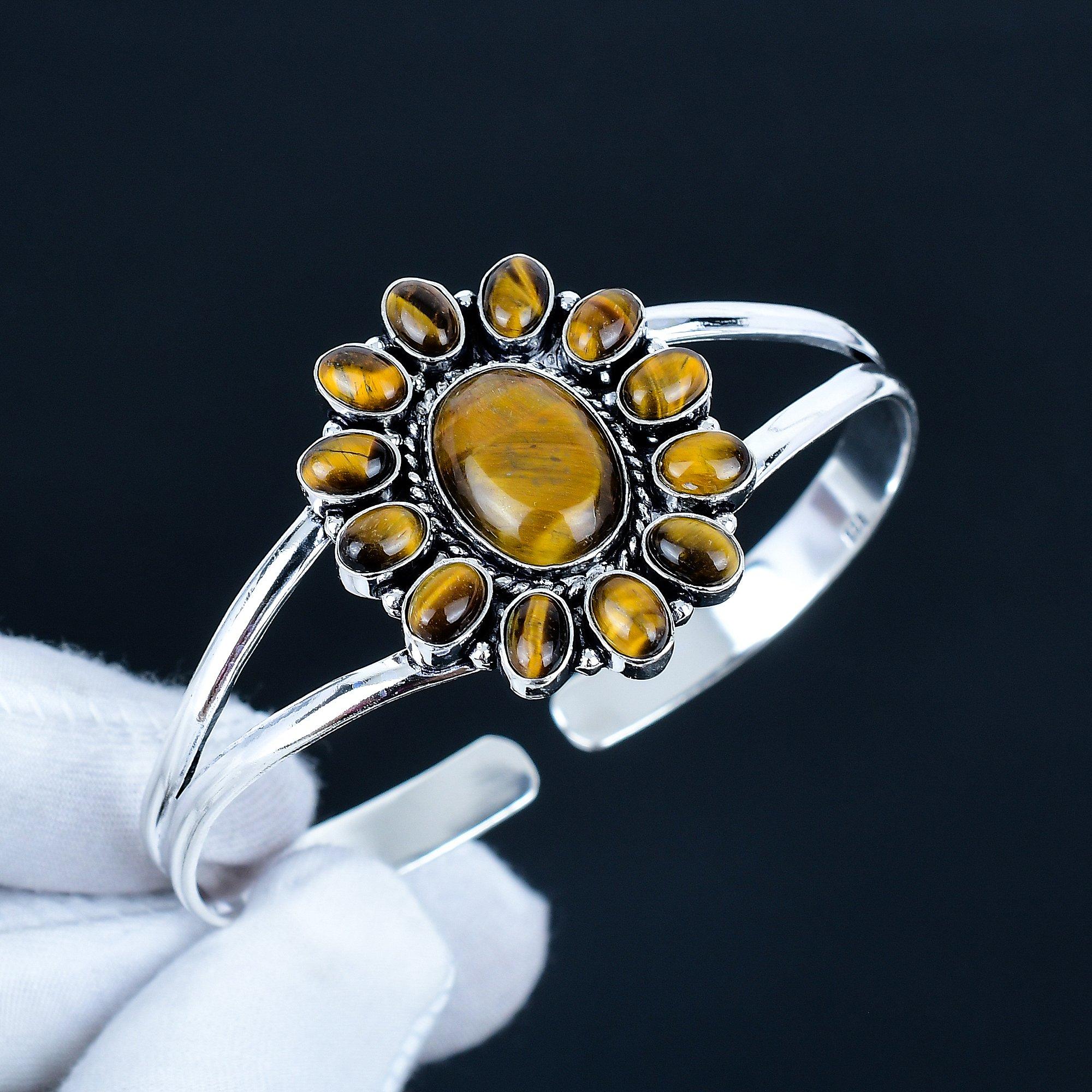 

Natural Tiger Eye Gemstone Handmade Cuff Bangle 925 Sterling Silver Cuff Bangle, Tiger Eye Flower Shape Bracelet For Wife, Unisex Bangle 7 коричневый