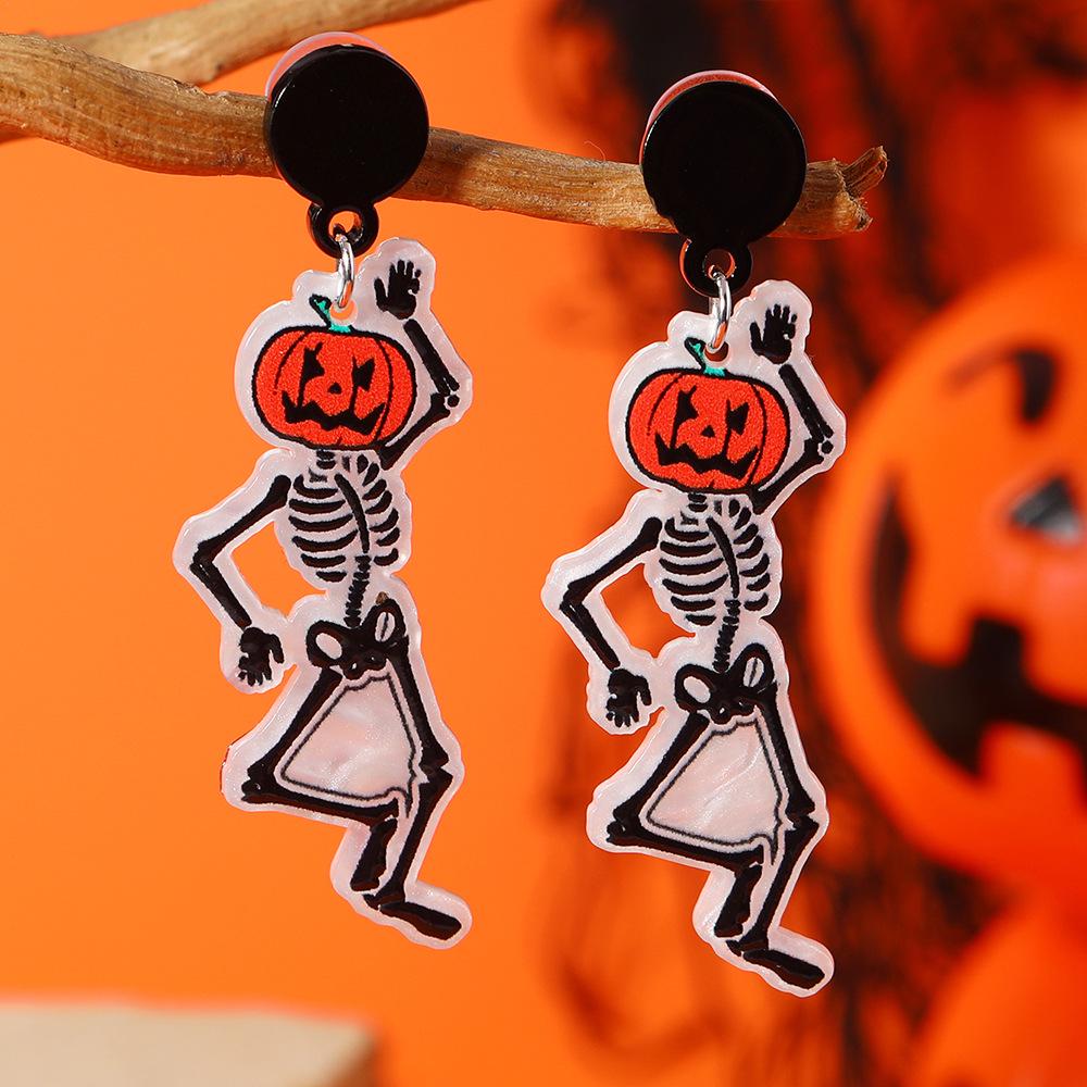 Colorful Pumpkin  Dancing Skeleton Halloween Earrings