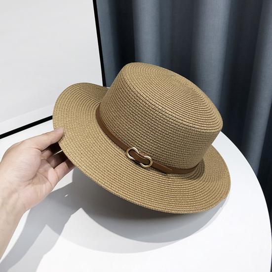Panama Hat Women Men Faux Leather Buckle Straw Sun Hat French Style Flat-Top Style Wide Brim UV Protection Beach Hat
