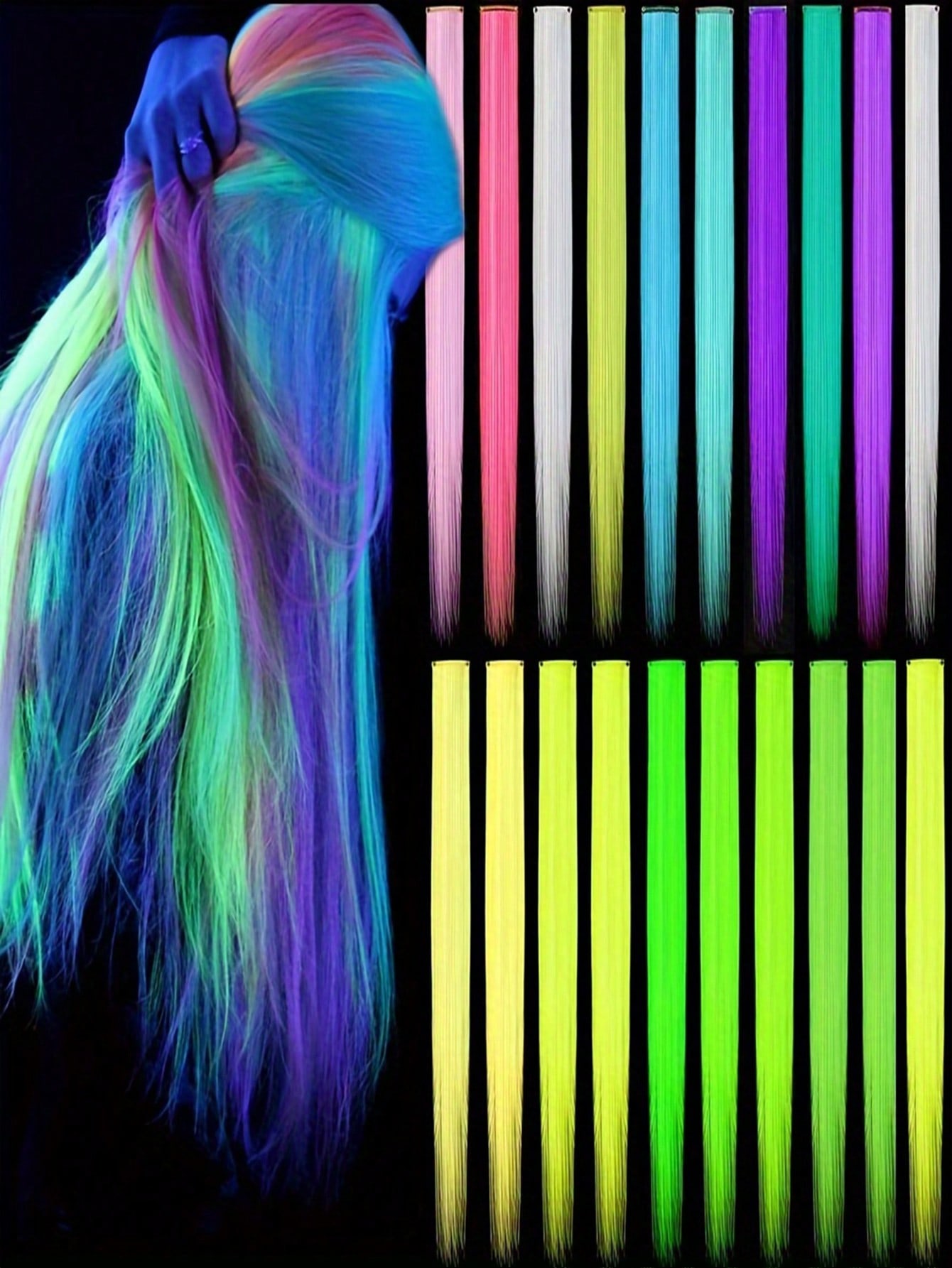 

10pcs Luminous Clip In Synthetic Hair Extensions 20 Inch Mixed Colored Fluorescent Glow In The Dark Neon Hairpieces 2028 20inches