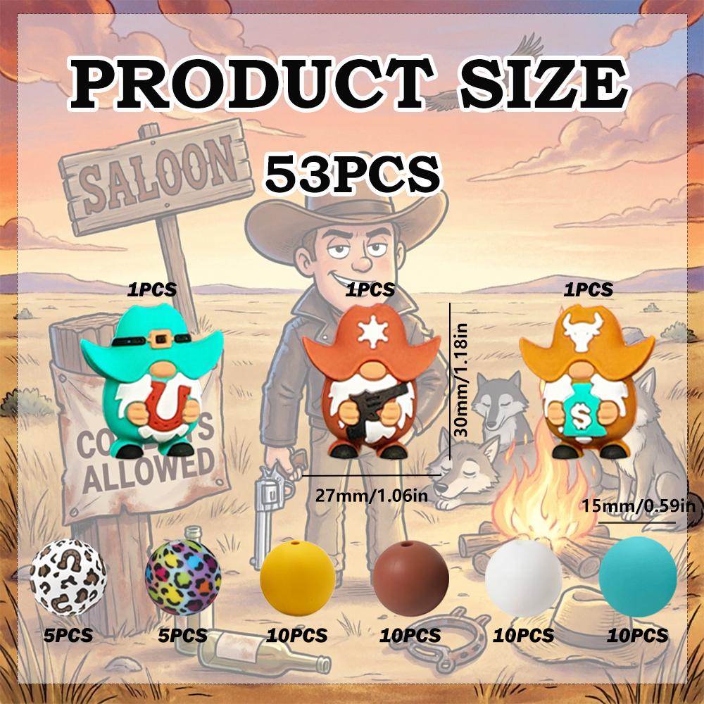 

53PCS Western Cowboy Dwarf Silicone Bead Set, perfect for DIY handmade crafts such as keychains, necklaces, bracelets, etc