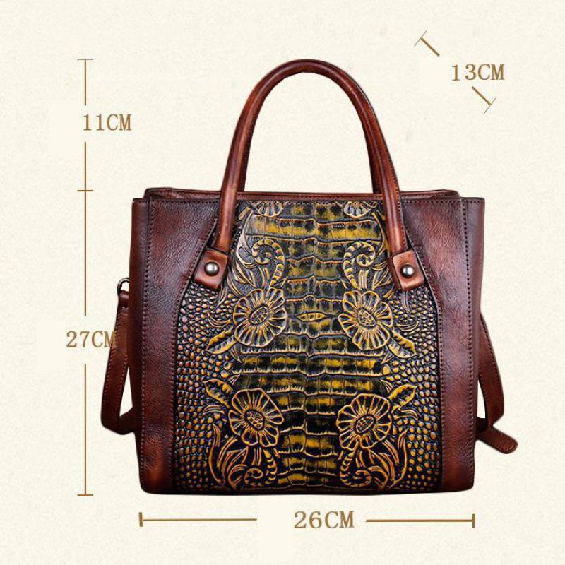 Johnature Retro Genuine Leather Handmade Women Bag First Layer Cowhide Large Capacity Handbag Embossed Shoulder Bags