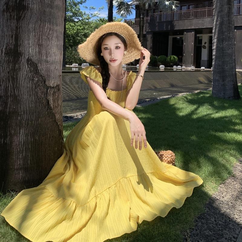 Yellow Small Flying Sleeves Square Neck Suspender Dress Children's Summer New French Seaside Vacation Waist Dress