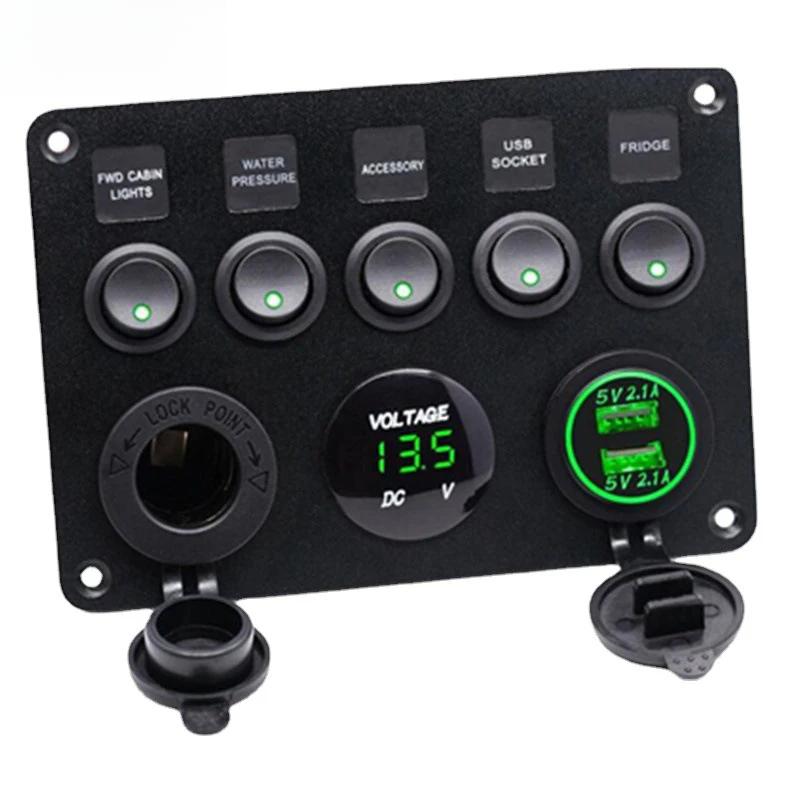 Boat Switch Panel Car Switch Panel Waterproof Digital Voltmeter Dual USB Port 12V Outlet Combination Marine LED Rocker 5 Gang
