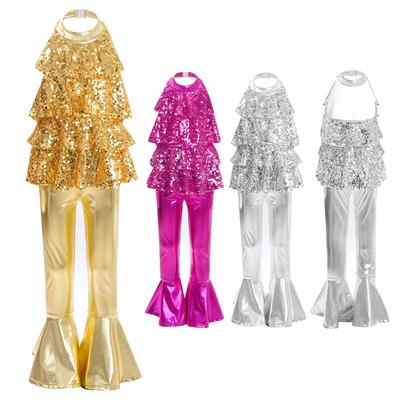 Shiny Sequins Leotard for Girls Jazz Dance Halter Backless with Ruffle Hem Bell Bottom Pants Performance Costume