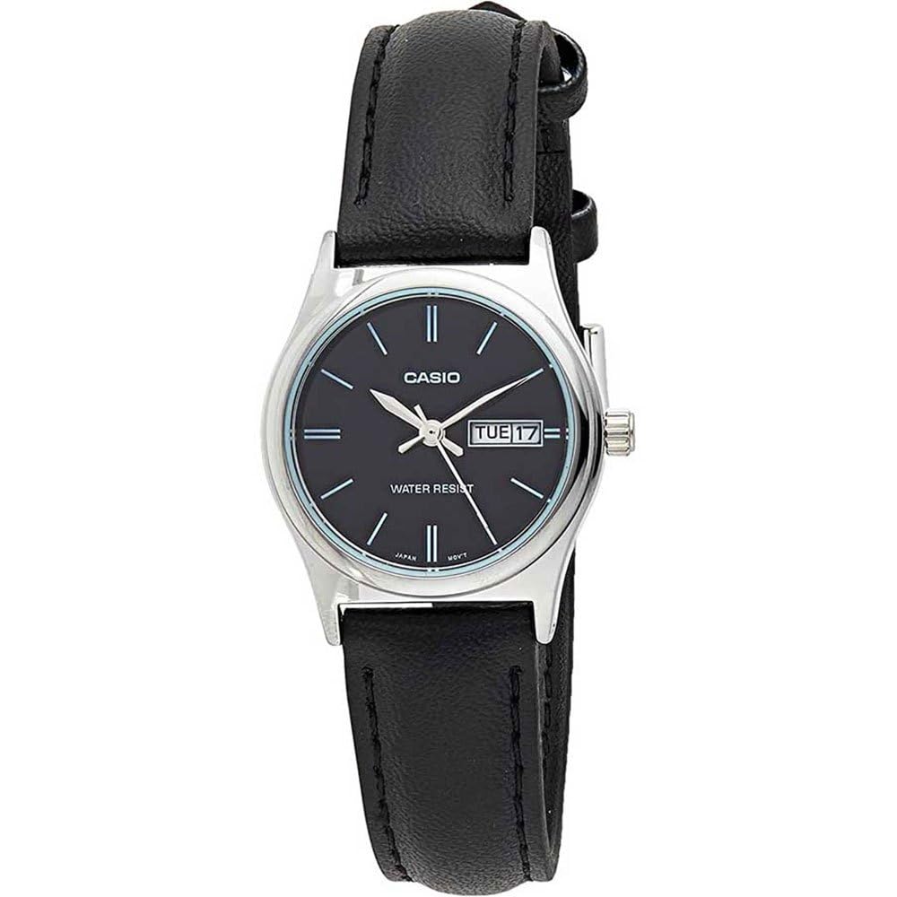 Casio LTP-V006L-1B2 Women's Black Leather Band Black Dial Day Date Analog Dress Watch