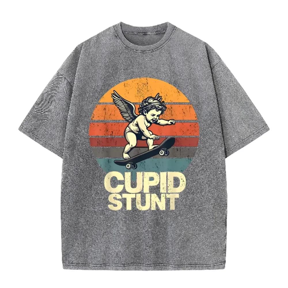 T-shirt Oversize Délavé Acide Graphique Skate Rétro Beige « Cupid Stunt »