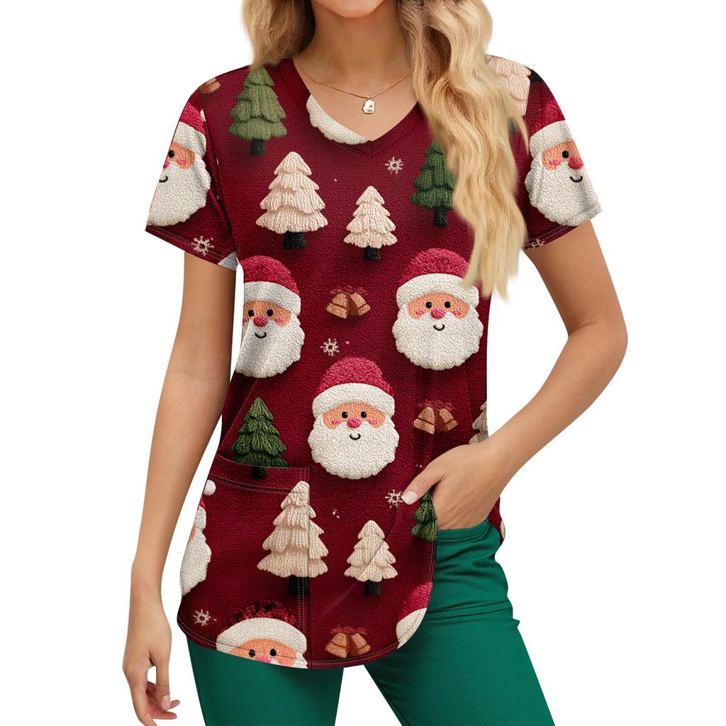 Women's Christmas Printing Short Sleeve V-neck Tops Working Pocket Blouse