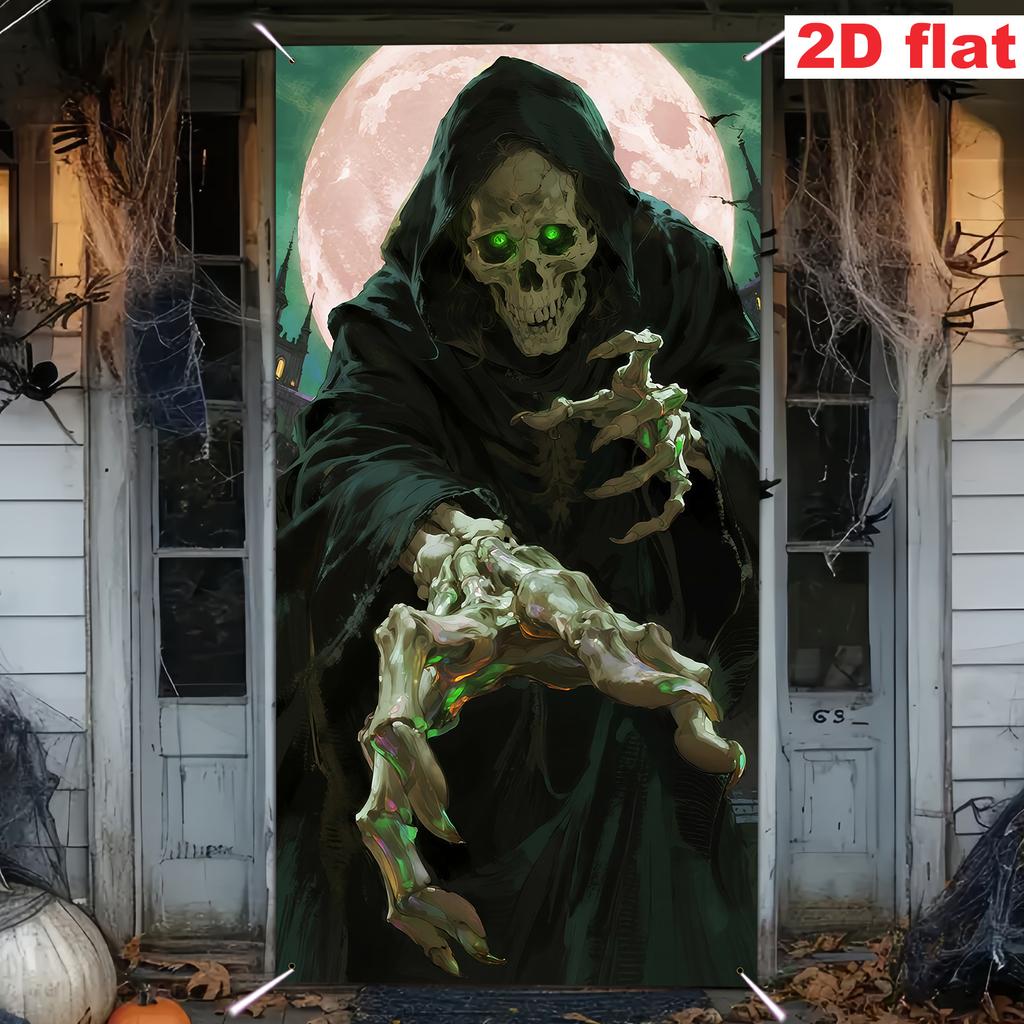 1pcs Halloween door flag with skull  green glowing eyes  and full moon  suitable for indoor/outdoor party decoration