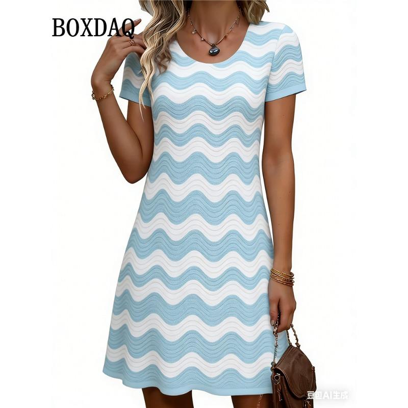 Simple Fashion Women's O-Neck A-Line Dress Striped Dot 3D Print Women's Dress Summer Loose Elegant Women's Short-Sleeve Dresses