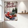 Rustikaler Holzdielenhintergrund Frohe Weihnachten Metallschild mit Vintage rotem Pickup-Truck Schneebedeckte Winterszene Dekor für Hausbar