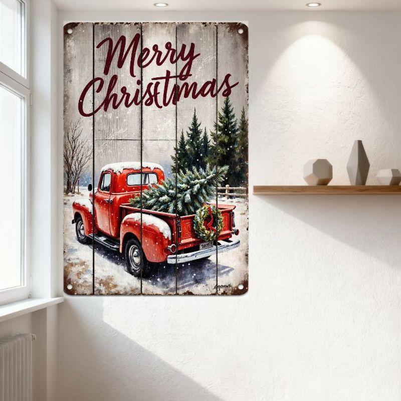 Rustic Wood Plank Background Merry Christmas Metal Tin Sign with Vintage Red Pickup Truck Snowy Winter Scene Decor for Home Bar