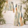 Women Plus Size Abstract Printed Beige Green Brown Two Piece Dress Set Round Neck Long Sleeve Cardigan Sleeveless Midi Dress