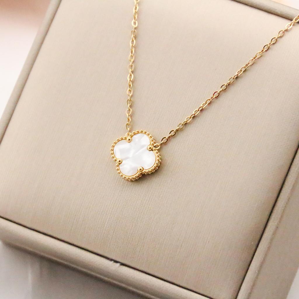 15mm Dubbelsidigt Titanstål Fyrklöver Halsband Dam Enkelt Titanstål Nyckelbenskedja Halsband Nät Röd Smycke