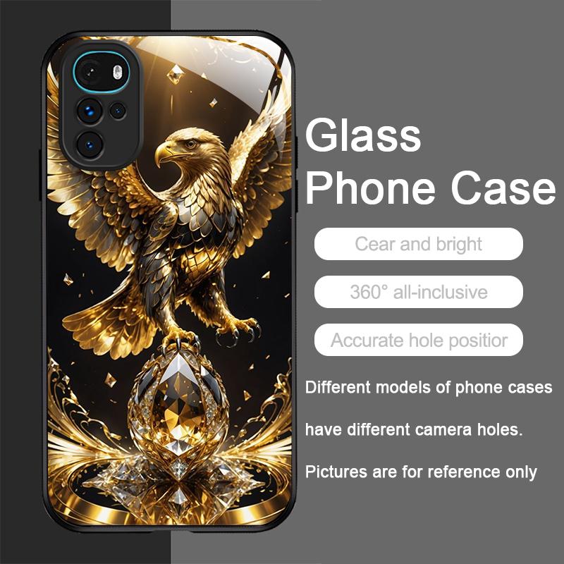Stylish Eagle Golden Diamond Pattern Tempered Glass Phone Case for Motorola Moto G85 G84 G75 Edge 50 Fusion 40 Neo 30 Pro Cover