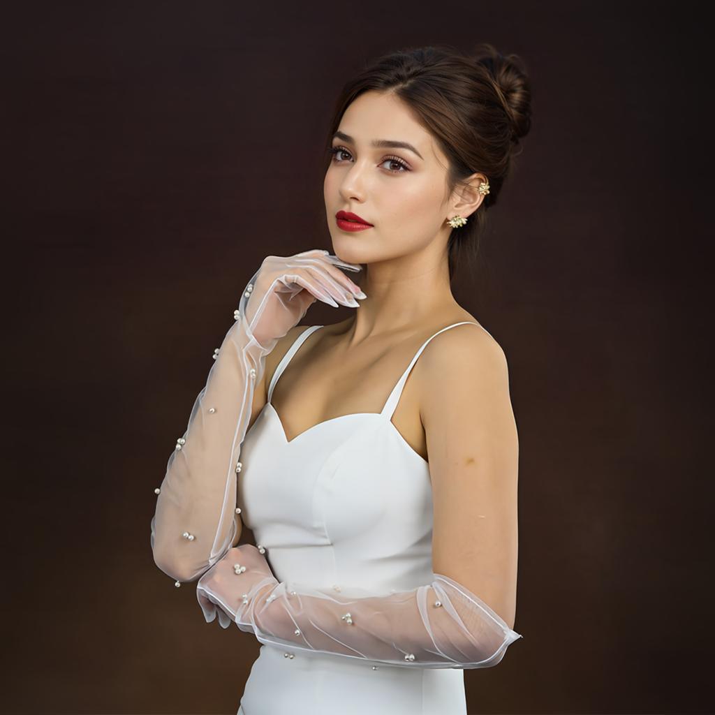 Mănuși de nuntă transparente de epocă Perle Mănuși lungi pentru cot Huse pentru brațe din plasă Accesorii pentru rochie de mireasă de petrecere pentru femei Foto VPM07