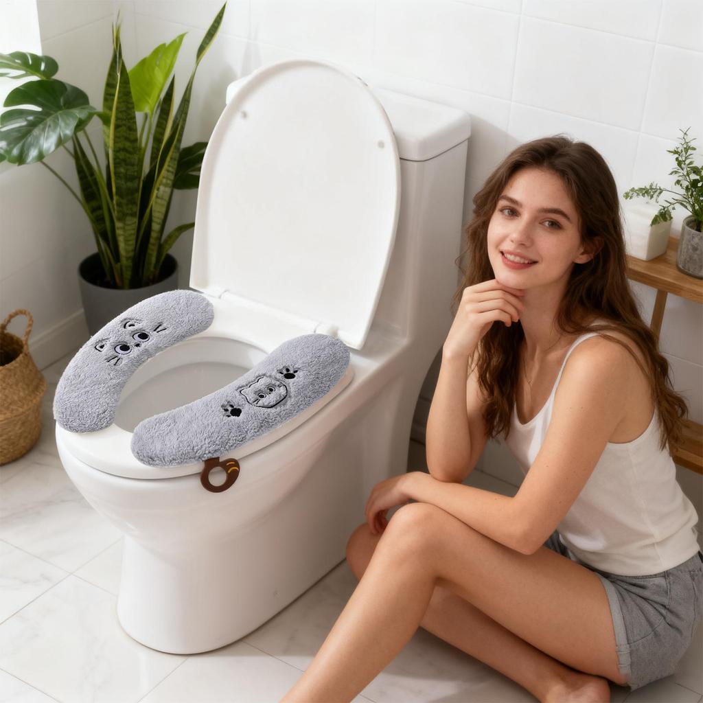 Warm Toilet Seat Cover 1-Pair Adhesive Washable Soft Winter Toilet Seat Cover With Handle For Winter Cold Weather Home RV Travel