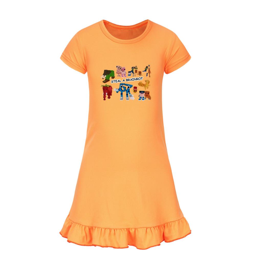 5214 Kids Girls Steal a Brainrot 67 Six Seven Printed Ruffle Short Sleeves Casual Dress