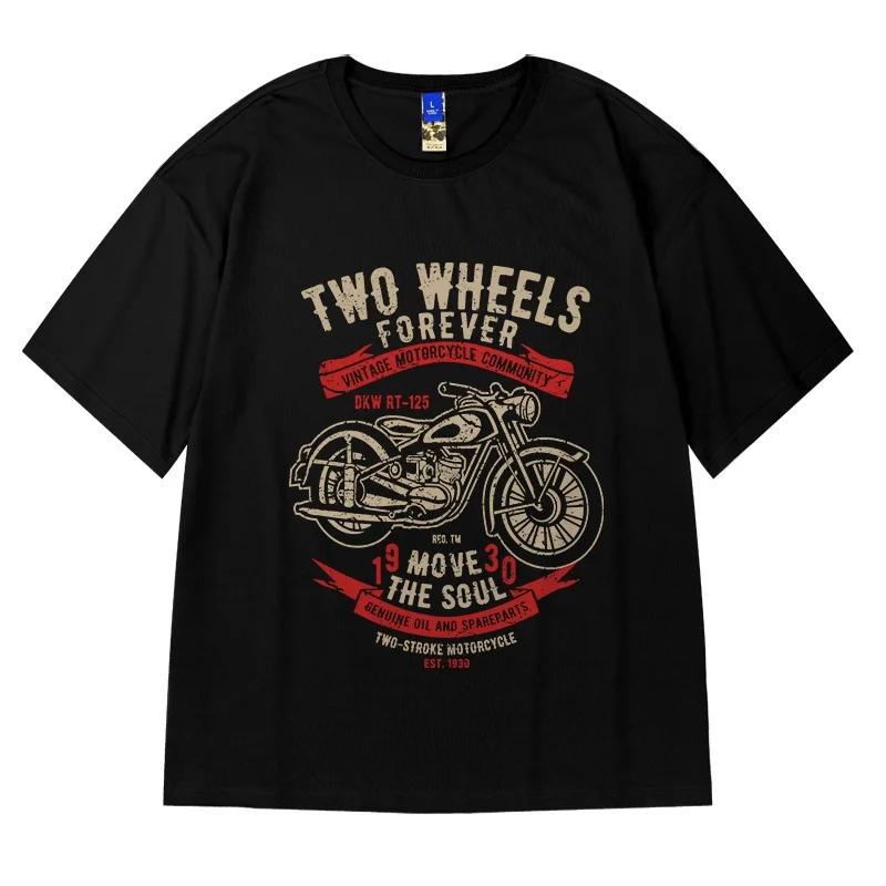 M-8XL Oversized Tshirts  Men's American Retro Motorcycle Short Sleeve T-shirt Large White Round Neck Top Retro Clothing