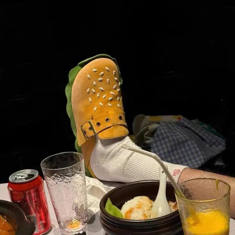 Žluté pantofle ve tvaru hamburgeru pro dospělé Kovová přezka na opasku Měkké ploché svrchní obuv Silná podrážka Ležérní plážové sandály Boty pro ženy